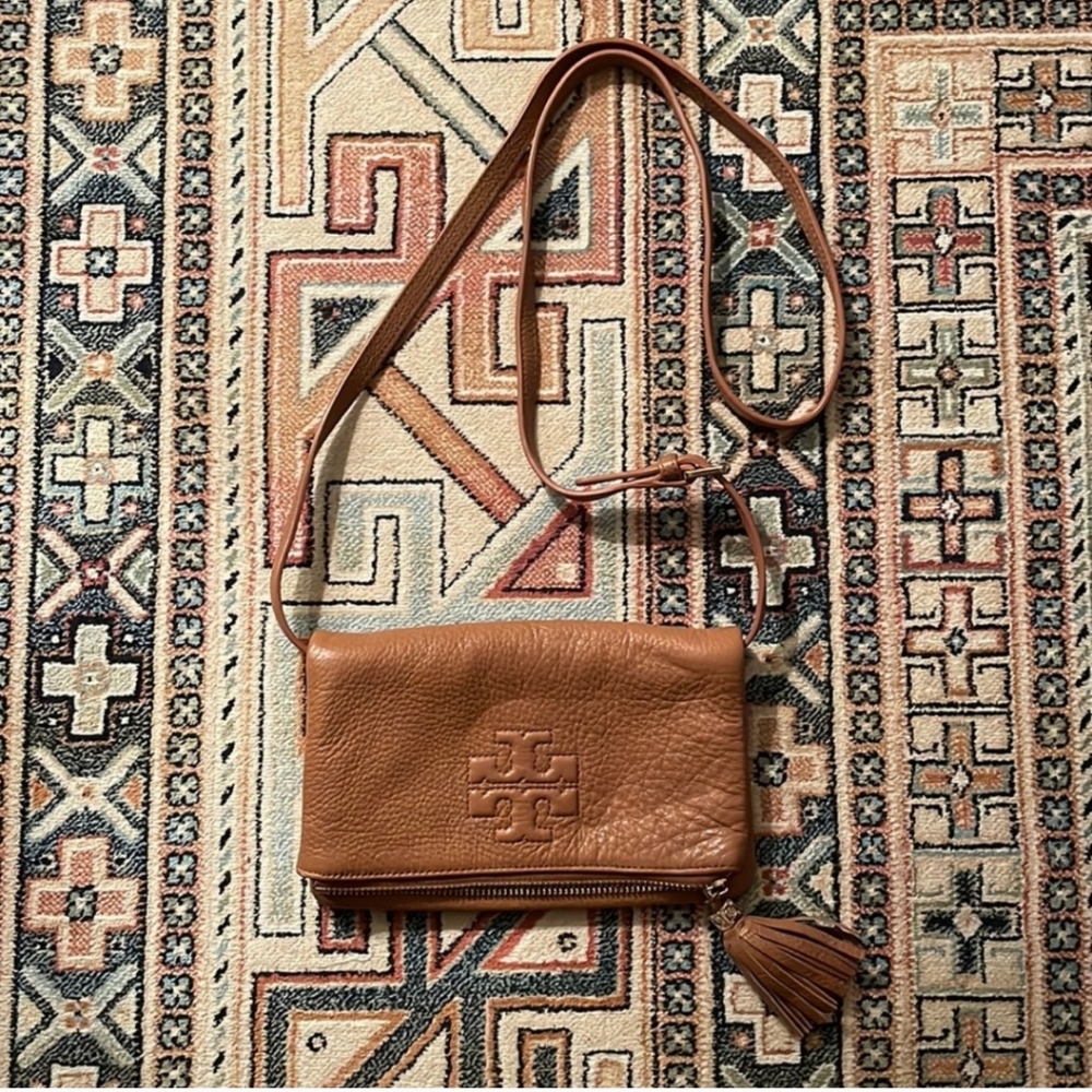 Tory Burch crossbody tan pebble leather tassel EUC